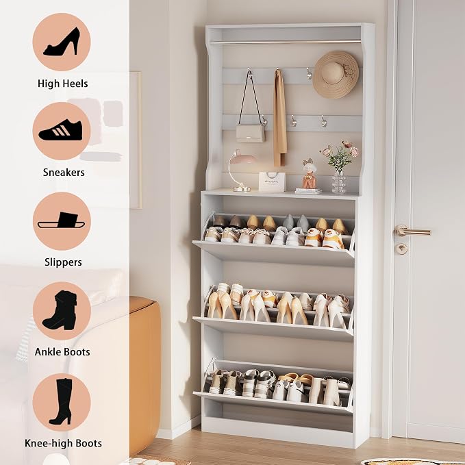 Shoe Storage Cabinet, Wood Shoe Organizer for Entryway with 3 Flip Drawers, Freestanding Shoe Rack with Adjustable Shelf, Narrow Shoe Dresser for Front Door Entrance (White, Tall 3 Drawers)