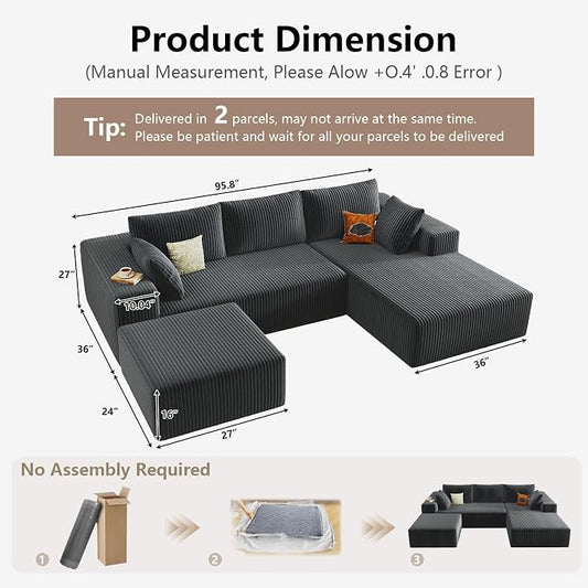 95" Cloud Sectional Couch U-Shaped Chaise with Ottoman, Corduroy Boneless Couch for Living Room Bedroom, Deep-Seat Upholstered Modular Cloud Sofa, No Assembly Required (Grey, Right Facing Chaise)