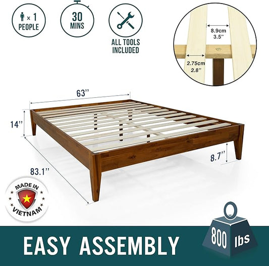 Acacia Mervyn Queen Size Bed Frame, Queen Platform Bed Frame, Mid Century Wood Bed Compatible with All Mattress Types, Wood Slats Support, Queen Bed Frame, Caramel