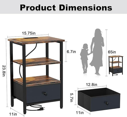 Side Table with Charging Station, Nightstand with Adjustable Fabric Drawer, Bedside Table for Bedrooms, Living Rooms & Home Decor (Brown Black)