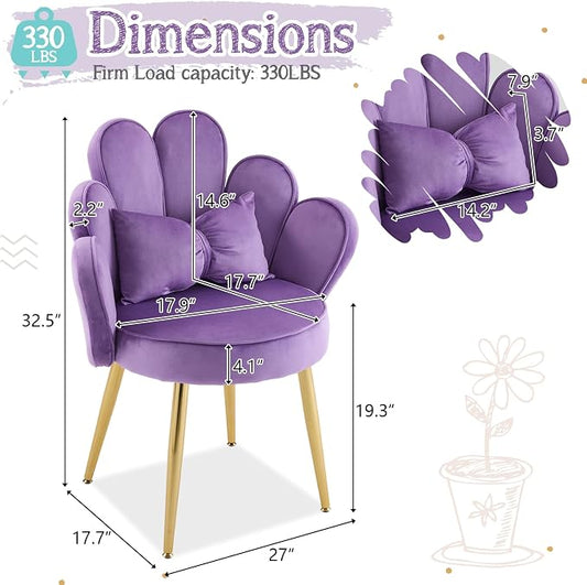 VINGLI Petal Makeup Vanity Chair with Back,Flower Cute Girls Desk Chair Comfy No Wheels,Modern Dining Chair,Small Accent Chair with Adustable Gold Legs&Bow Pillow for Home Office,Bedroom,Velvet,Purple