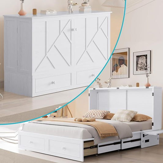 CECER White Murphy Bed Cabinet with Mattress, Space-Saving Folding Bed