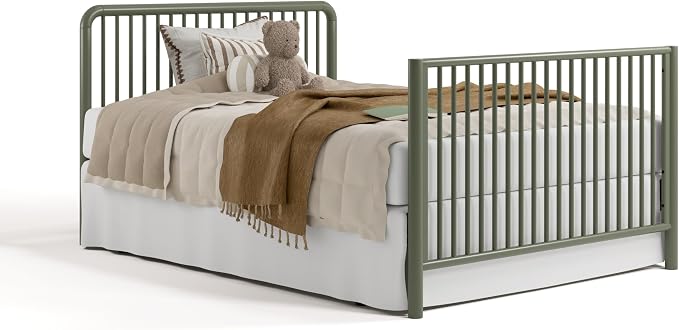Storkcraft Porto 5-in-1 Convertible Crib with Toddler Guardrail – GREENGUARD Gold Certified, Toddler Bed Conversion Kit Included, 100% Solid Wood, Fits Standard Baby Crib Mattress (Olive)