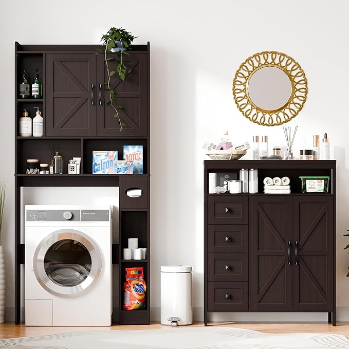 Vabches Farmhouse Storage Cabinet with 2 Doors and 4 Drawers, Freestanding Bathroom Compartment Kitchen Pantry Cabinet, Floor Cupboard for Kitchen/Living Room/Bathroom, Espresso