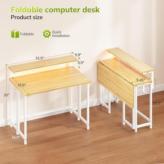 DurayLoly Folding Table with RGB Light for Small Space, 31.5" Folding Computer Desk for Space Saving Sofa Table for Couch, Home Work Office Desk with Monitor Stand, Easy to Fold with Hooks, Oak