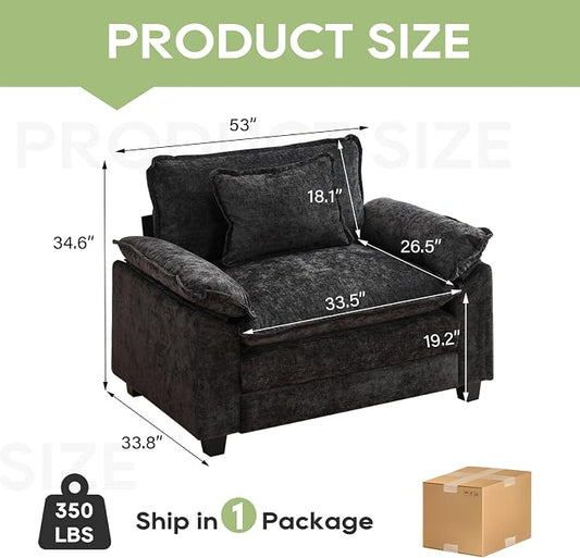 Oprisen Modular Sectional Sofa, Comfy Cloud Couch Sectional Sofa, Chenille Sofa Sleeper Deep Seat Sofa with Throw Pillows for Living Room (Black, 53"- Single Seat)