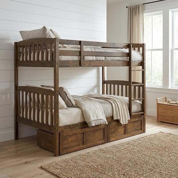 Kodiak Furniture Claire Wood Twin Over Twin Bunk Bed with Storage Drawers in Rustic Walnut Brown Finish - Mattresses Not Included