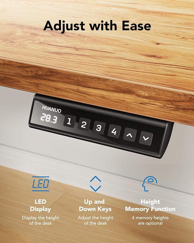 HUANUO Electric Standing Desk, Whole Piece Desktop, Adjustable Height Computer Desk, 4 Height Memory Settings, Sit Stand Up Desks for Home Office, 60" x 24", Light Vintage
