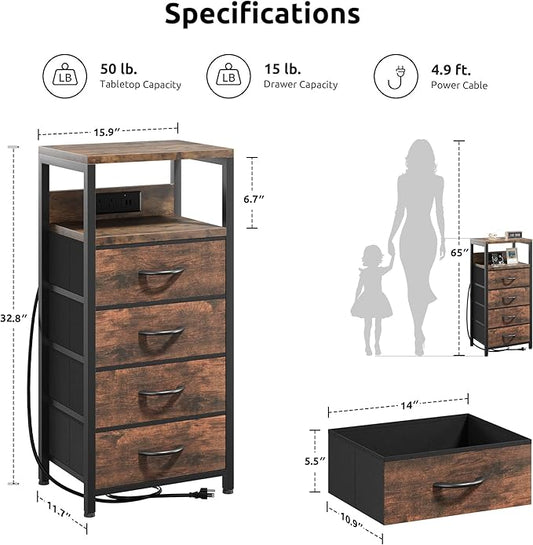 Lazzanto NightStand Bedside Charging Table Bedroom - Night Stand with Charger Station, Modern Nightstand with Open Shelf & 4 Fabric Drawers, Bed Side Table with USB-C USB Ports & AC Outlets for Dorm