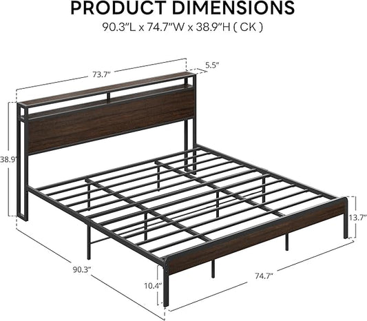 LIKIMIO California King Bed Frame with Headboard, Dark Wood Camas California King with Strong Supports, Sturdy, Noise-Free, No Box Spring Needed, Dark Brown