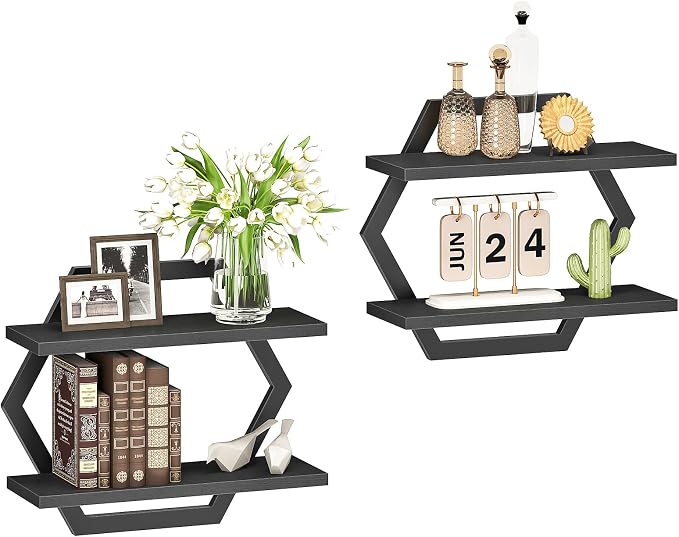 CHOEZON Hexagon Floating Shelves for Wall, Set of 2, 2 -Tier Hanging Shelves, Wall Mounted Storage Shelves, for Living Room, Bedroom, Kitchen, Home Office, Study, Black TBJ06P2BB