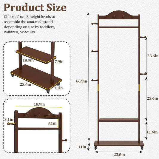 Solid Wood Clothing Rack with Wheels 2 Shelves Storage & 9 Hooks Heavy Duty Coat Rack Freestanding Clothes Rack Coat Tree Stand Hat Hanger Rack for Living Room Corner,835 Walnut