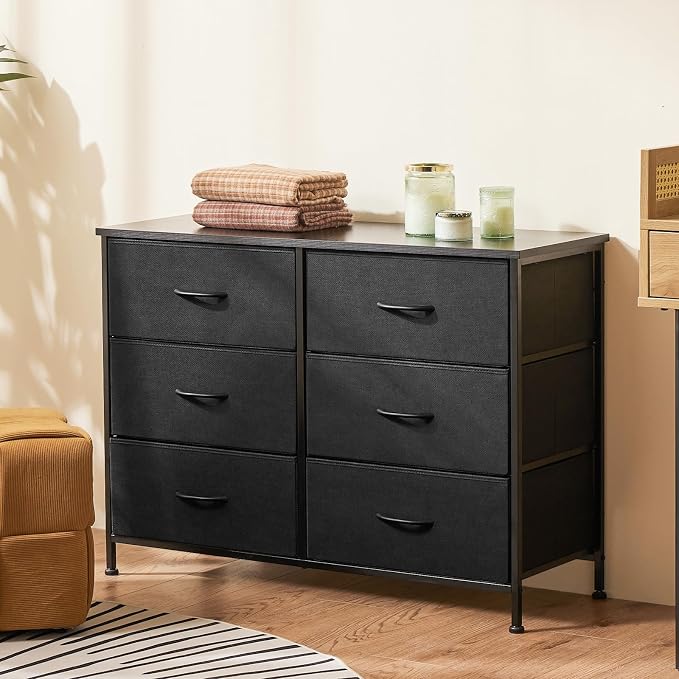DUMOS 6 Drawer Dresser for Bedroom, Wide Storage Chest of Drawers Cabinet | Fabric Storage Organizer with Wooden Top, TV Stand for 43-50 Inch TV in Closet, Living Room, Black