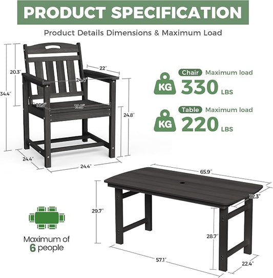 HDPE Outdoor Dining Set, Patio Table and Chairs Set, All-Weather 7-Piece Outside Table and 6 Chairs, 2" Umbrella Hole, Outdoor Furniture for Garden, Poolside, Backyard, Deck | Black
