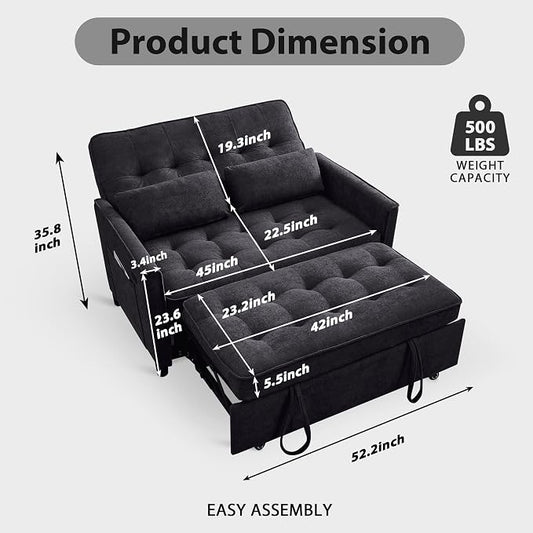 Convertible Sofa Bed, 3 in 1 Pull Out Couch, Loveseat Sleeper with Side Pocket, Sleeper Sofa with Adjustable Backrest | USB Charging Port | Two Pillows | Fabric | Charcoal Black