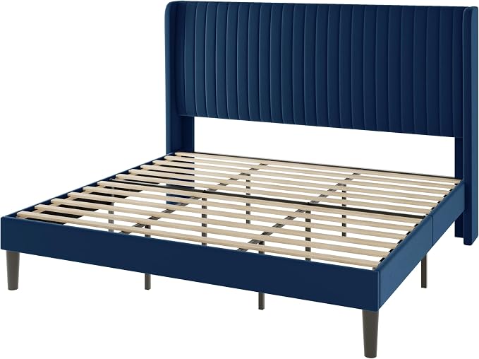 Allewie King Size Velvet Bed Frame/Vertical Channel Tufted Wingback Headboard/Upholstered Platform Bed/Strong Wooden Slats/No Box Spring Needed/Easy Assembly/Blue