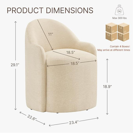 KISLOT Upholstered Dining Chairs with Casters, No Assembly Modern Dining Room Chairs Accent Vanity Chair with 5 Wheels & Round Backrest for Bedroom, Living Room, Dressing, Sand Fabric, Set of 4