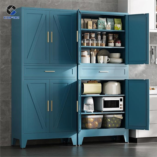 COFaR 71 in Tall Kitchen Pantry Cabinet with Drawer, Metal Pantry Storage Cabinet with 4 Adjustable Shelves and 4 Barn Doors, Freestanding Farmhouse Food Cupboard for Dining Room, Peacock Blue 6-Tier