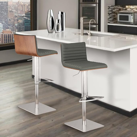 Armen Living LCCASWBAGRB201 Café Adjustable Barstool in Grey Faux Leather and Brushed Stainless Steel Finish, Gray/Walnut, 31.5" x 19.29" x 17"