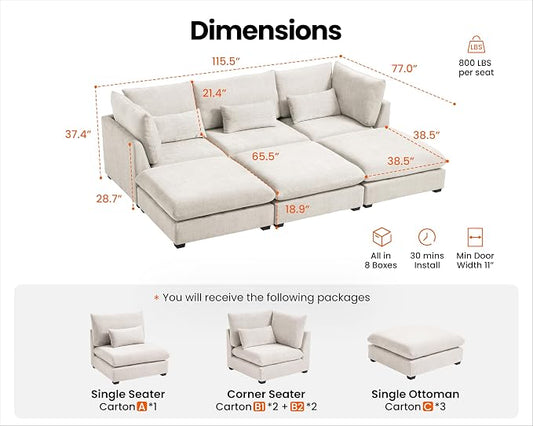115" Oversized Chenille Couch Modular Sectional Sofa, Washable Cloud Couch Sectional with 3 Ottoman, 6 Seater Sectional Couches for Living Room, Fully Cover Removable, Sleeper Sofa, Chenille, White