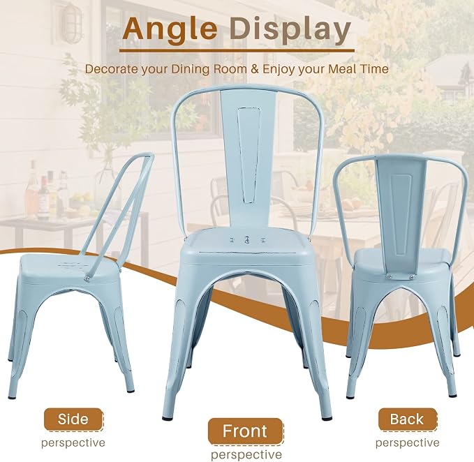 Furmax Metal Dining Chair Indoor Outdoor Use Stackable Chic Side Classic Trattoria Metal Chairs Set of 4 for Kitchen, Dining Room, Bistro and Cafe (Distressed Blue)