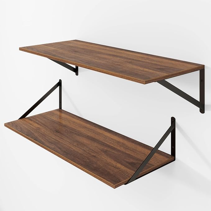 Heimlove 12 Inch Deep Floating Shelves for Wall, 28W x 12D Wood Wall Shelves Set of 2, Walnut Wide Floating Bookshelf for Living Room, Kitchen, Office, Bedroom, with Black Metal Bracke - Walnut