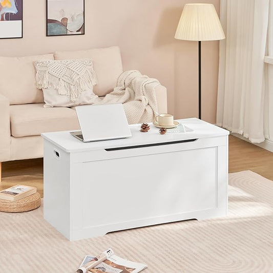usikey 39.4” Toy Chest, Toy Box for Living Room, Storage Chest with 2 Safety Hinges, Lift Top Storage Bench, Storage Trunk, for Bedroom, Entryway, White