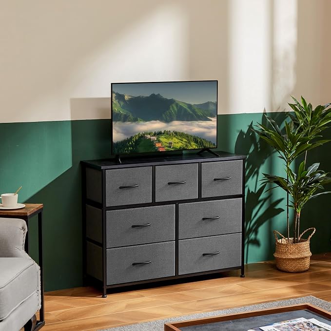 OLIXIS 7 Drawers Dresser for Bedroom, Fabric Storage Tower for Living Room, Entryway - Sturdy Steel Frame, Wooden Top & Easy Pull Fabric Bins, Closet Chests Organizer for Clothes, Classic Grey