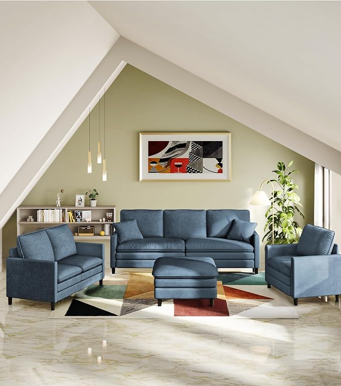 Welzona 3-Layers Cloud Loveseat Sofa, 51" Small Couch for Living Room, Bedroom - Tool-Free Assembly with Teddy Fabric Small Sofa - Blue Grey - Futon Couch - Removable Washable Covers - 650lbs Capacity