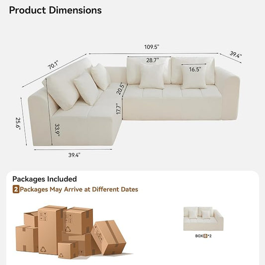 110''Modular Sectional Couches for Living Room, Cloud Boneless Compressed Sofa Left Facing Chaise, Oversized L Shaped 4 Seater Memory Foam Sofa, No Assembly, Chenille Beige