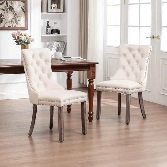 Hixkol Velvet Dining Chairs Set of 2,Upholstered Dining Chairs with Ring Pull Trim and Button Back,Modern Seating for Kitchen, Bedroom & Living Room(Beige)