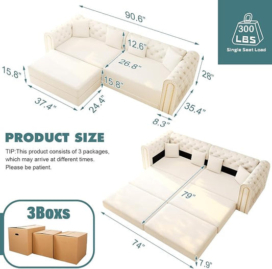 90.6'' Velvet Folding Floor Sofa Bed - 3-in-1 Convertible Sleeper Couch with Ottoman, Button Tufted Gold Edge Trim Chesterfield Sofa, Pull-Out King Size Couch Bed for Apartments, Living Room, Beige | 3-in-1 Convertible