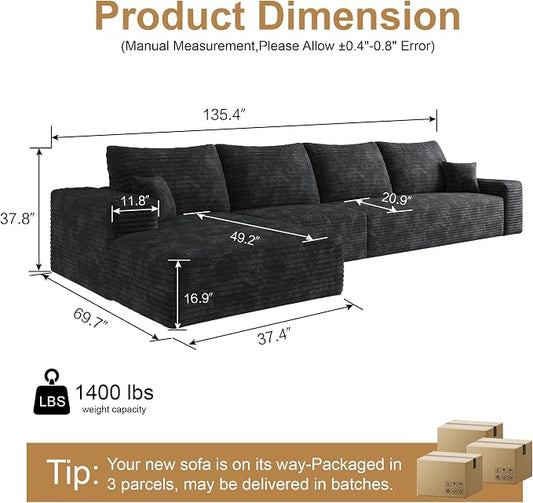 AUGOP 136" Sectional Couches for Living Room Modern Modular Sofa with L-Shape Couchs Upholstered Boneless Couch Deep Seat Sectional Couch with Chaise (Black, Left Facing Chaise+3Seaters)
