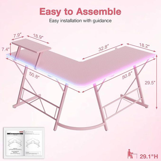Mr IRONSTONE Gaming Desk with LED Lights, L Shaped Desk Corner with Cup Holder & Headphone Hook, Computer Desk Home Office Desks with Large Monitor Stand, Carbon Fiber Surface, Pink 51 Inch