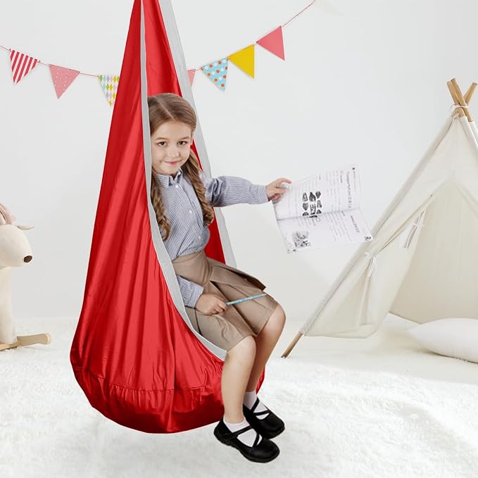Kids Swing Seat Hammock Chair Indoor Outdoor Hanging Chair for Children,Soft & Safe with High Weight Capacity, Easy Install Perfect for Bedroom, Garden, Playroom (Red)