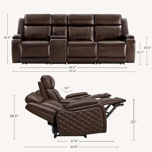 Watson & Whitely Genuine Leather Power Recliner Sofa with Console, 3 Seater Zero Gravity Reclining Sofa with Power Headrest & Flip Middle Backrest Table, Cup Holders for Living Room, Dark Brown