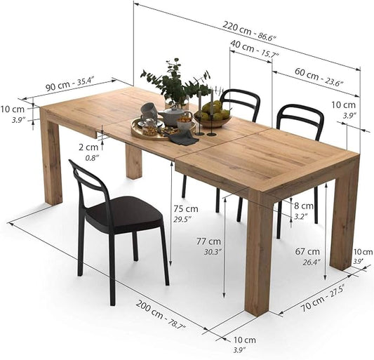 Mobili Fiver, Iacopo Extendable Dining Table, 55,1(86,6) x35,4 in, Rustic Oak, for 6-10 People, Expandable Dining Table for Kitchen, Living Room, Italian Furniture