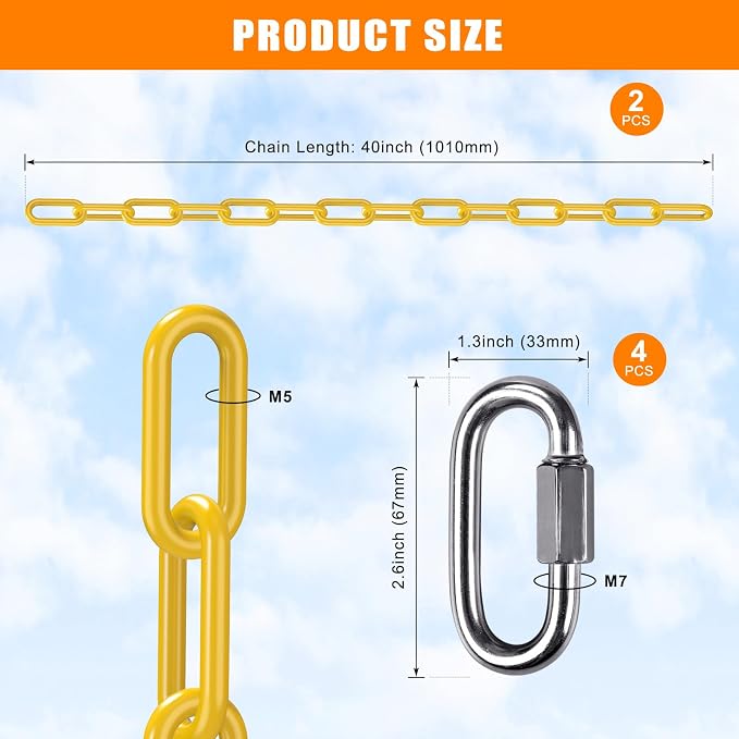 SELEWARE 2 Pack 40 Inch Hanging Swing Chain with 4 Carabiners, 1000LB Capacity Plastic Coated Hanging Chains, Hammock Hardware Kit for Swing, Hanging Chair, Punching Bags, Indoor Outdoor Gym (Yellow)