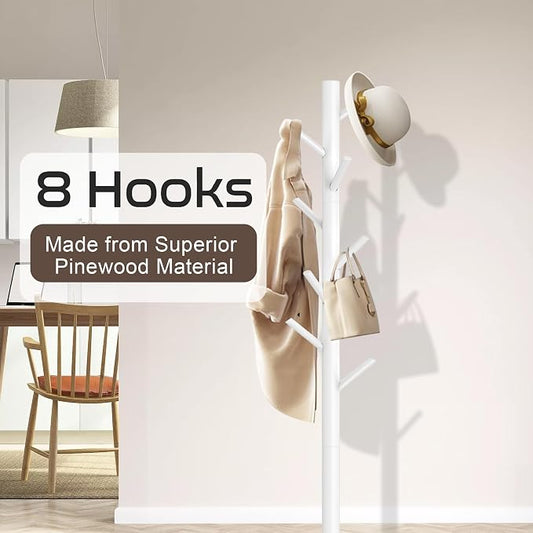Aliphon Wooden Coat Rack Stand, Freestanding Coat Rack with 8 Hooks, 3 Adjustable Size Coat Tree for Hats, Coats, Scarves bags, Coat Hanger Stand Used in Bedroom/Office/Entryway (White)