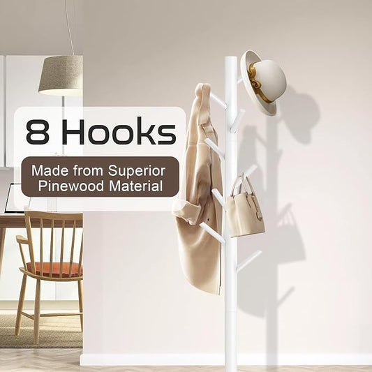 Aliphon Wooden Coat Rack Stand, Freestanding Coat Rack with 8 Hooks, 3 Adjustable Size Coat Tree for Hats, Coats, Scarves bags, Coat Hanger Stand Used in Bedroom/Office/Entryway, 2 PCS (White)