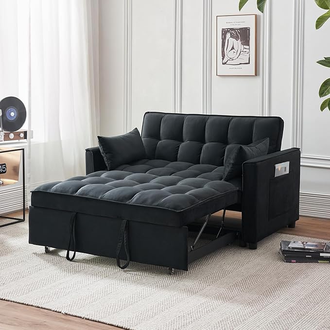 Velvet Pull Out Couch Bed & Sleeper Sofa, 3-in-1 Convertible Sofa Bed with Adjustable Backrest, Storage Pockets, Armrests & Pillows for Small Spaces (Black)