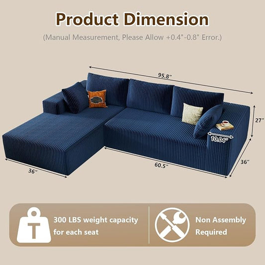 96" Modular Sectional Couch, Boneless L Shaped Cloud Sofa with Chaise Lounge, Corduroy Upholstered Couches Memory Foam Deep Seat, No Assembly Required, Ideal for Living Room(Blue, Left Facing)