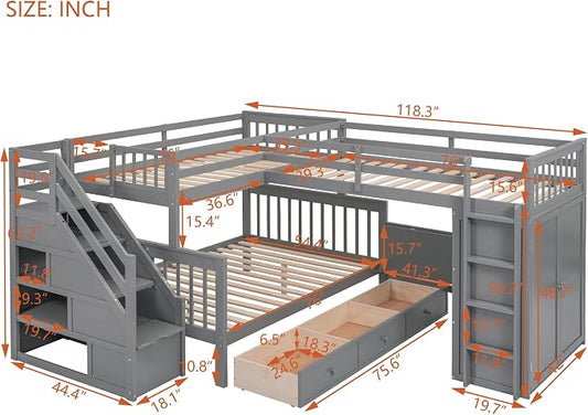 L-Shaped Bunk Bed for 4 Kids, Twin-Twin Over Full with 3 Drawers, Portable Desk and Wardrobe, Solid Wood Bedframe with Stairs and Full-Length Guardrails, No Box Spring Needed (Gray)