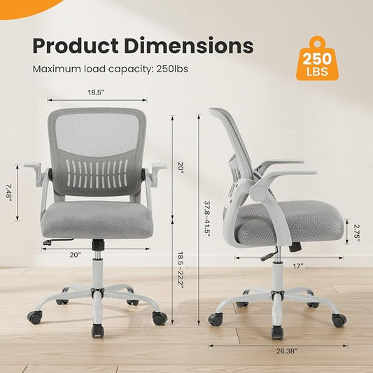 Sweetcrispy Home Office Managerial Executive Chair, Flip Up Armrest Ergonomic Mesh Adjustable Swivel Mid-Back Computer Desk Chair with Comfortable Lumbar Support, Comfy Arms for Bedroom,Study