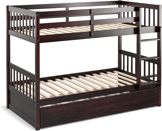 KOMFOTT Wood Twin Over Twin Bunk Bed with Trundle, Solid Pine Wood Bunk Bed Frame with Ladder & Safety Guardrails, Space-Saving Convertible Twin Bed Frame for Home & Dormitory, No Box Spring Needed