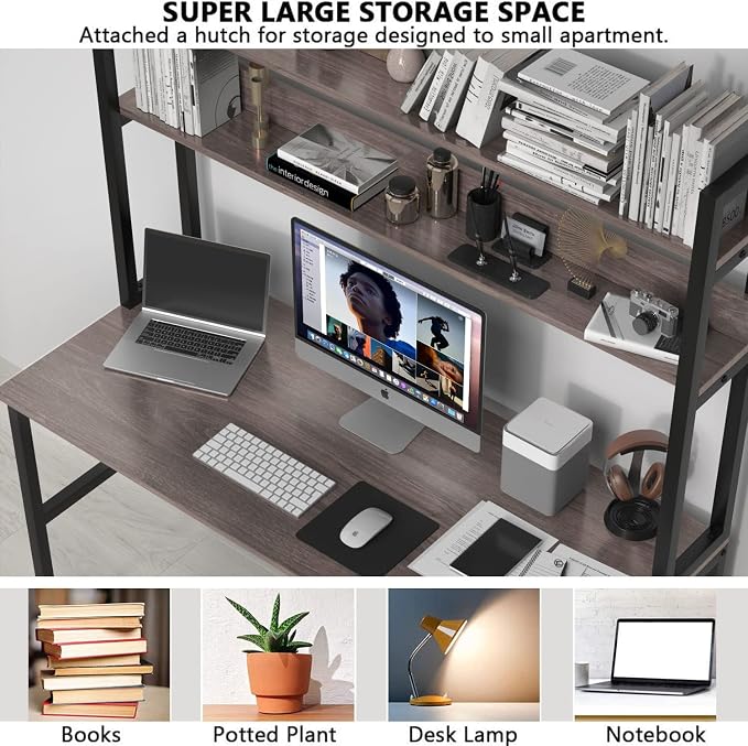 Aquzee Desk with Hutch Bookshelves, Computer Desk with 3 Tiers Storage Shelves, Space Saving Design Black Metal Legs Desk with Grey Board, Easy Assemble