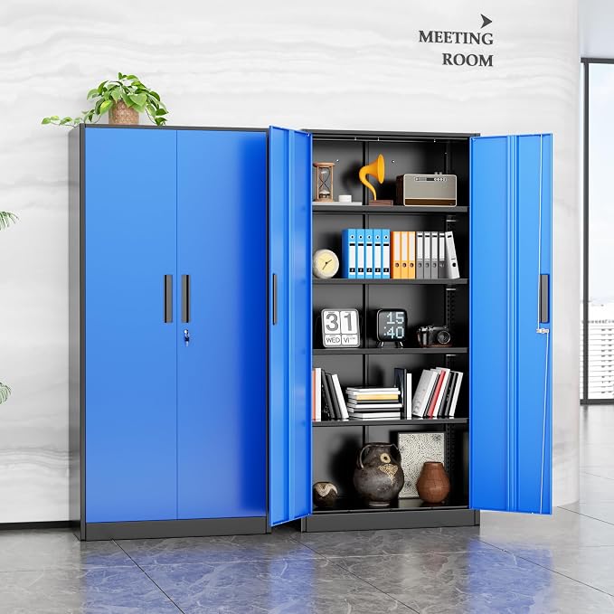 INTERGREAT Metal Storage Cabinet, 72” H Storage Cabinet with Doors and Adjustable Shelves for Office, Home, Garage, Pantry (Assembly Required, Black Blue)