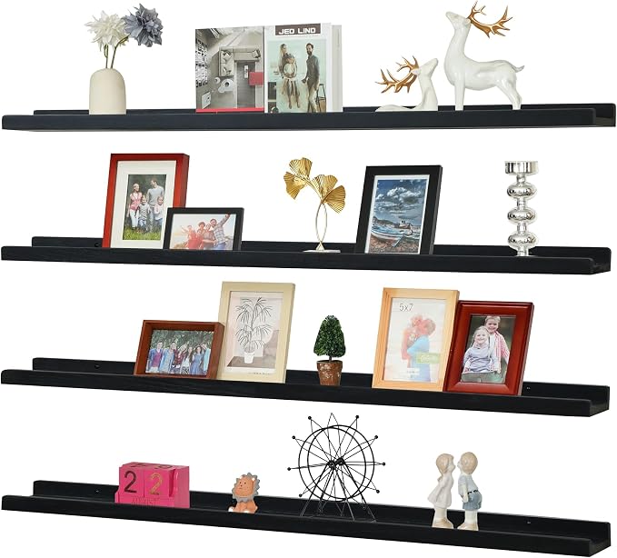 Long Floating Shelves for Wall 47 Inch,Real Wood Picture Ledge Shelf with Lip Set of 4,Photo Frame Storage Display for Living Room Nursery Bedroom Bathroom Kitchen Home Office Decor (Black)