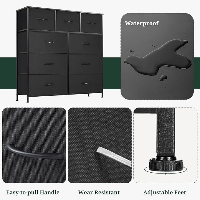 9-Drawer Dresser for Bedroom, Anti-Tip Tall Storage Organizer Chest of Drawers with Wooden Top and Metal Frame Fabric Bins for Closet, Living Room, Hallway, Entryway, Black