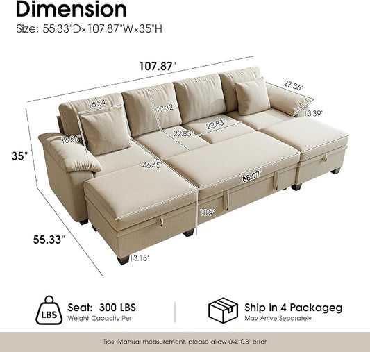 107.8" Modular Sectional Sleeper Sofa Bed, U Shaped 6 Seat Pull Out Couch with Storage Ottoman, Convertible Cloud Couch Bed, Sectional Couches for Living Room, Apartment (Sand)